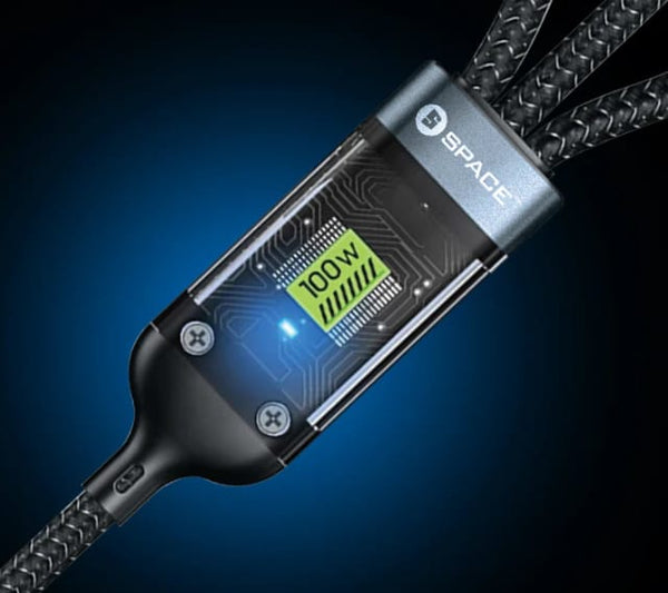 SPACE 100W 3-in-1 Fast Charging Cable – LED Display, Braided Design, USB to Type-C + Micro + Lightning